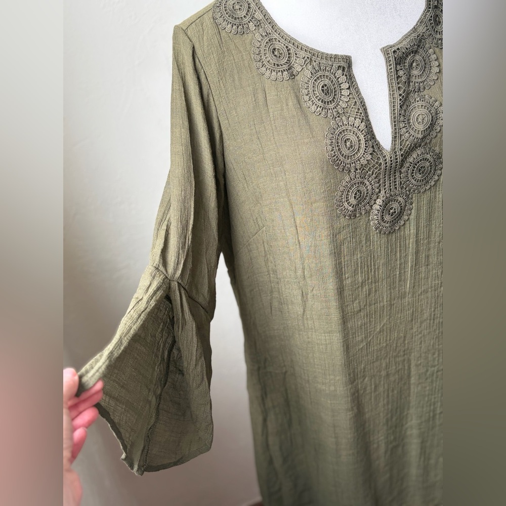 Indigo Rose Olive Green Gauze Tunic Dress Crochet Lace Neckline 2X - Picture 3 of 8
